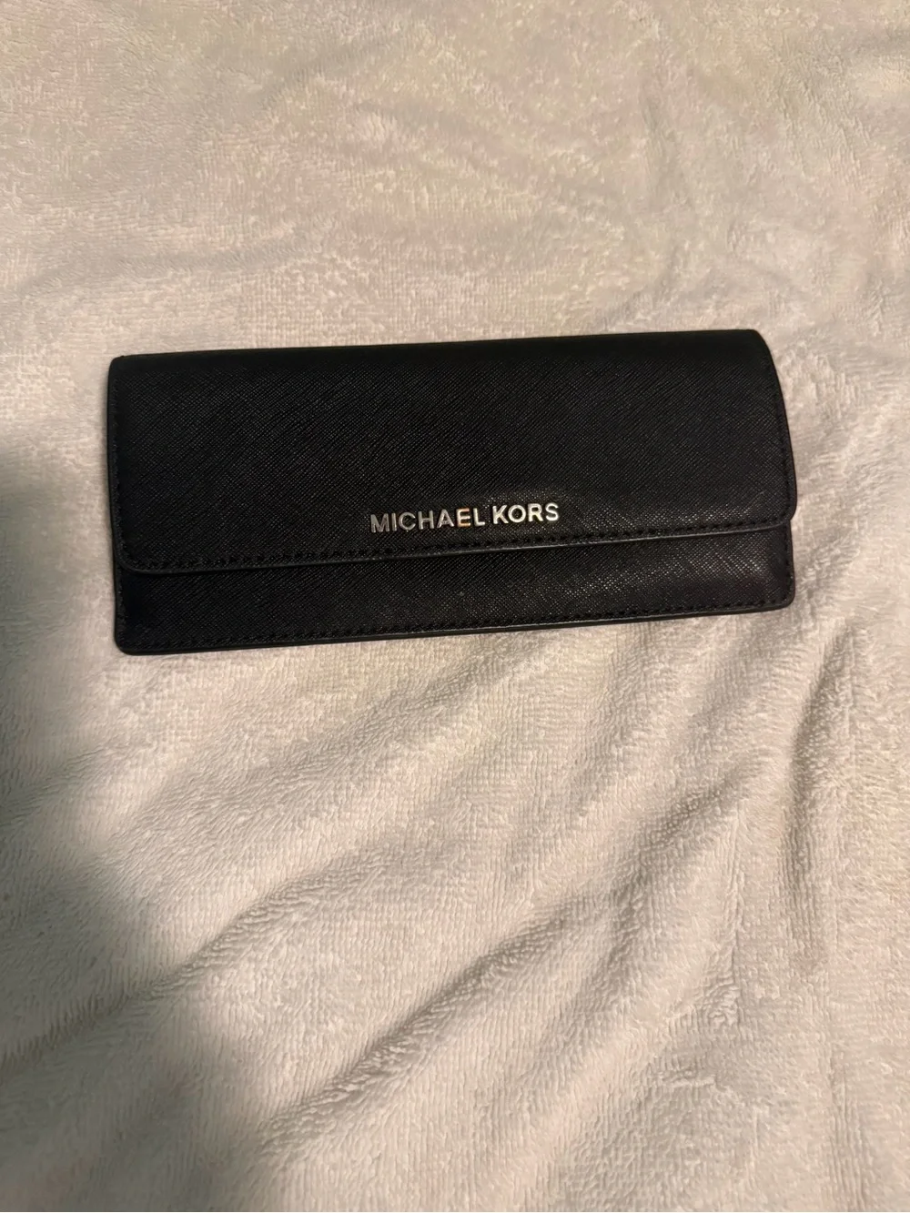 Michael Kors Black Saffiano Trifold Wallet with Gold Logo